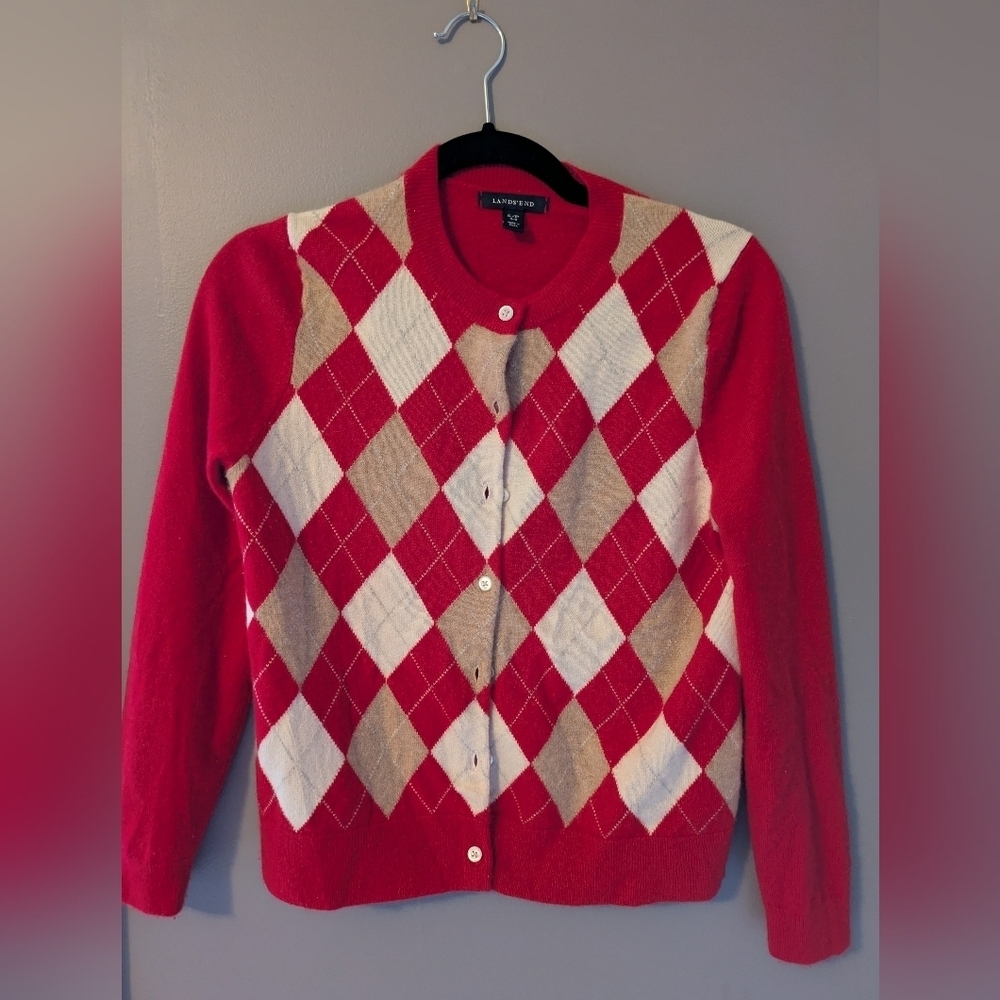 Lands' End Red and Cream Argyle Cashmere Cardigan Sp